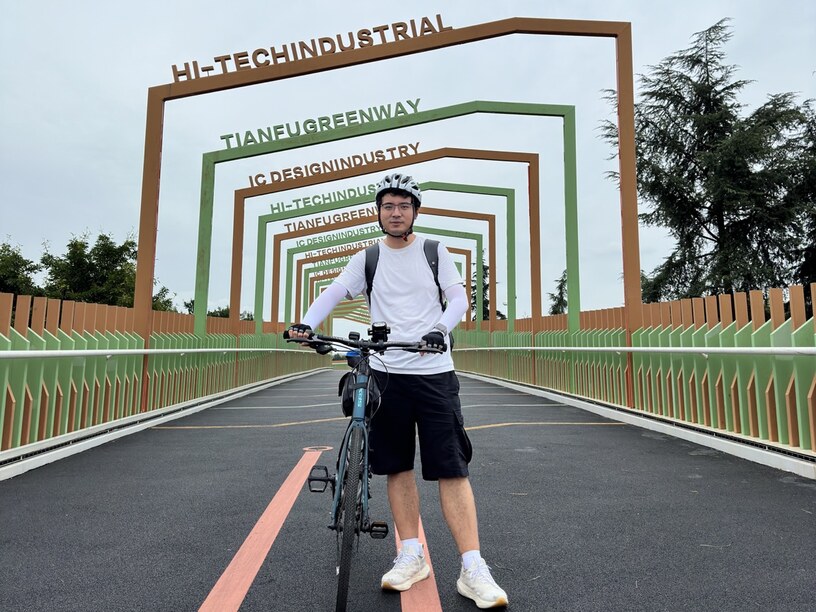 Hao Zhang cycling on the Tianfu Greenway